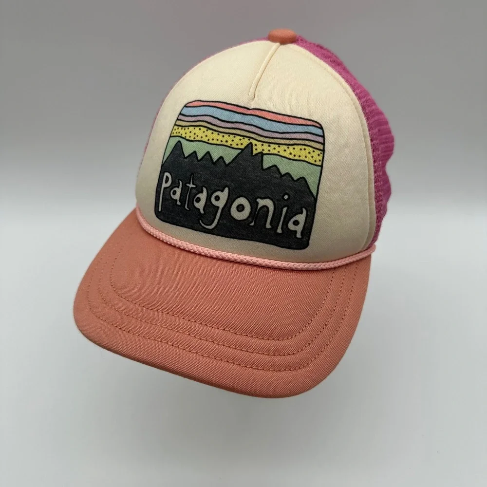 Patagonia Pink Fitz Roy Mountain & Sky Logo Trucker Mesh Hat Snapback youth